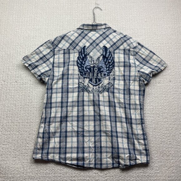 Y2K Guess Shirt Mens XXL Blue Plaid Grunge Button Up Distressed Punk lily flower - Picture 1 of 13